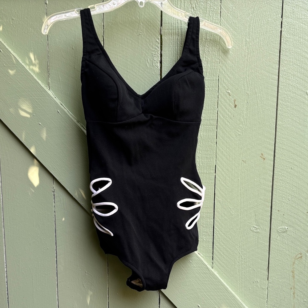 Black Vintage 60s Swimsuit with White Floral Side Cutout Trim